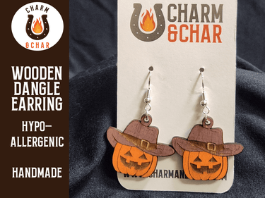 Boohaw Pumpkin with Cowboy Hat Wood Dangle Earrings - Halloween Fashion Earring - Dangle Earring - Charm and Char